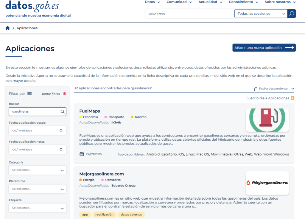 Fragmento de la búsqueda por "gasolineras" en la sección de apps del portal datos.gob.es