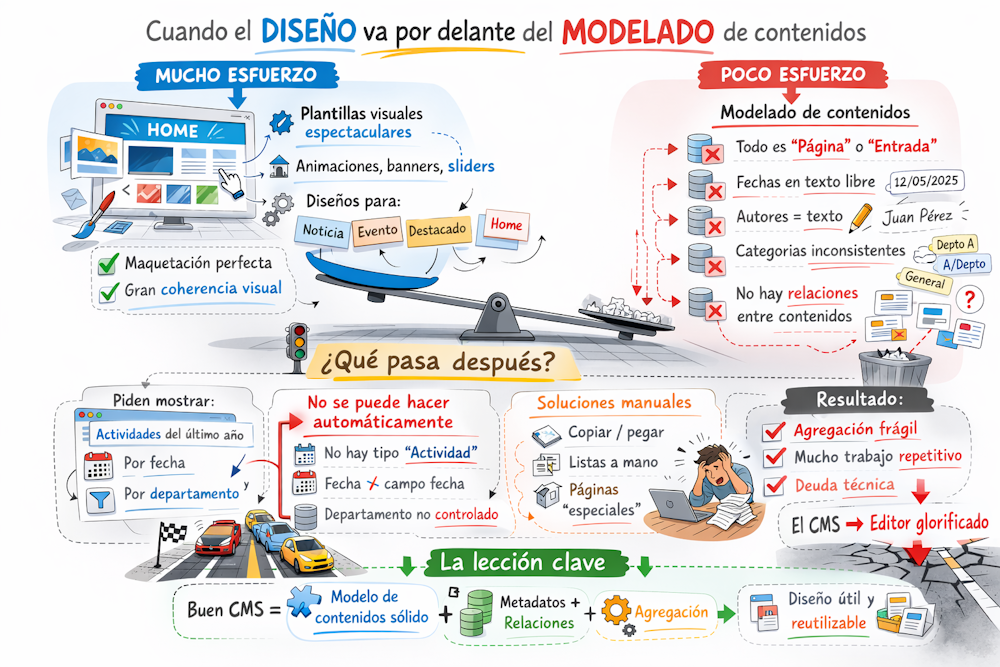 Vemos qué pasa cuando se dedica muchas horas a un diseño "muy visual" del sitio web con nuestro CMS y "pasamos" un poco (o un bastante) del modelado del contenido.