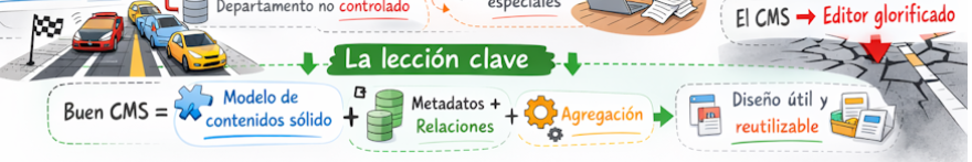 Esperemos que el CMS no nos lleve a acompetircon un coche normal en las carreras. Para ello hace falta modelado, metadatos, relaciones, agregación y diseño reutilizable.
