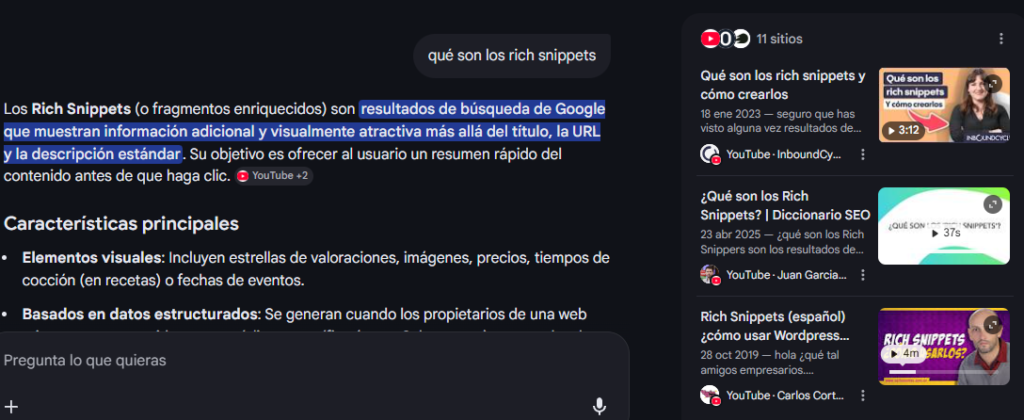 Ejemplo de búsqueda en el "modo IA" de Google.